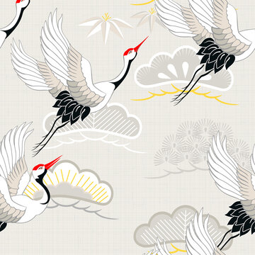 Seamless pattern with birds. Royal Crane. Ornament with oriental motifs. Vector.