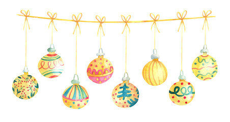 Watercolor Christmas garland with gold yellow baubles decorated with patterns. Hand painted illustration isolated on white. Great for  xmas and New year greeting cards, posters.