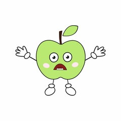 An angry green Apple with a face, arms, and legs. Funny fruit Emoji for social networks. Children's sticker.