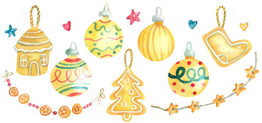 Watercolor set with Christmas decorations. Gold yellow baubles decorated with patterns, garlands, gingerbread. Hand painted illustration isolated on white. New year. Great for  greeting cards, posters