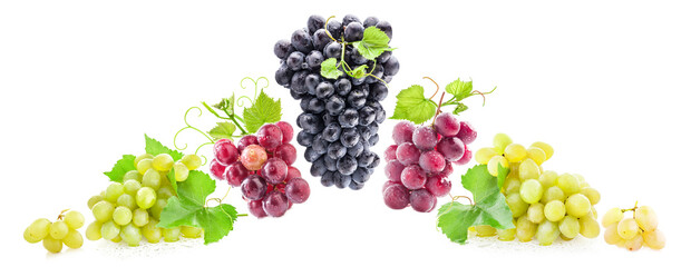 Collections of Ripe grapes with leaves isolated on white