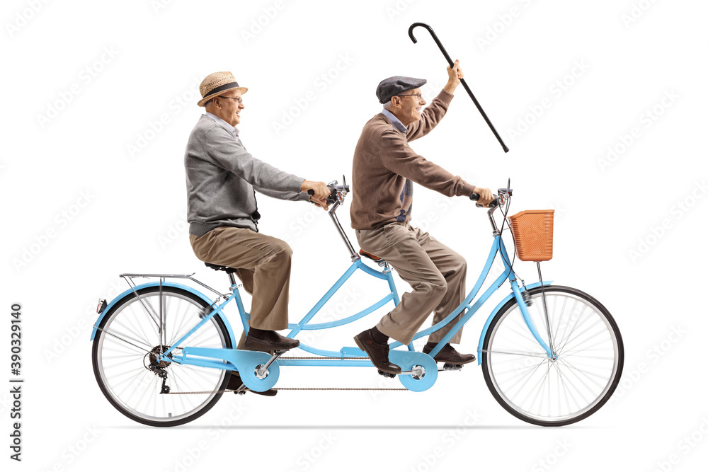 Poster two cheerful pensioners riding a blue twin bicycle