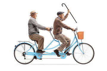 Two cheerful pensioners riding a blue twin bicycle