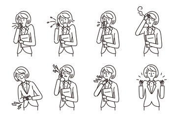 Naklejka premium ビジネス：女性・病気・症状7種類と元気ポーズ（線画）