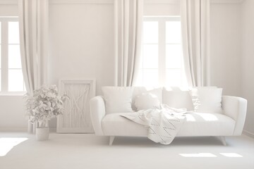 White minimalist living room with sofa. Scandinavian interior design. 3D illustration