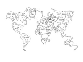 World map with faces of native people continuous line art, not expanded, stroke weight editable. - 390329997