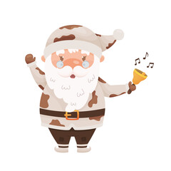 Cute cartoon Santa Claus character with jingle bell wearing the costume with cow pattern. For Chinese New year of the zodiac ox cow year. Vector illustration.