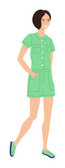 Obraz premium Woman in overalls. Smiling good looking woman figure in trendy summer overalls and shoe isolated on white background illustration. Fashion and style, stylish look vector