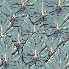 Floral seamless pattern, blue tropical leaves background, vintage theme.
