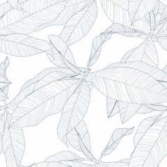 Foliage seamless pattern, palm, ficus elastica tree branch leaves line art ink drawing in blue and white.