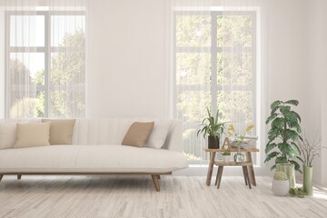 White living room with sofa and summer landscape in window. Scandinavian interior design. 3D illustration