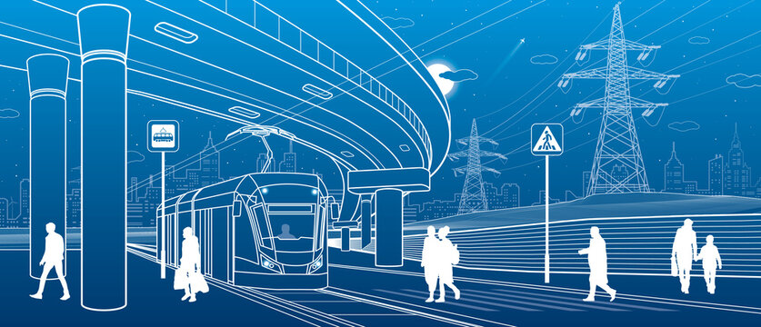 City scene. Automobile bridge, overpass. Tram rides. People walking at street. Night city on background. Electric transport. Power line. Outline vector infrastructure illustration