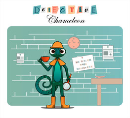 Cartoon character chameleon-detective. Flat illustration for children, books, websites, detective agencies or holidays. Cute picture for playing detectives. The chameleon lizard is a master of