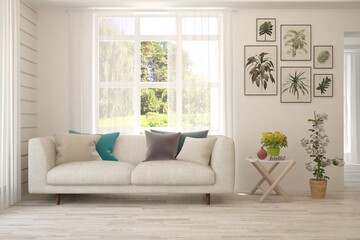 White living room with sofa and summer landscape in window. Scandinavian interior design. 3D illustration