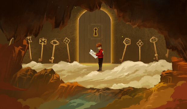 The boy reads at the door full of keys, seeking a solution.