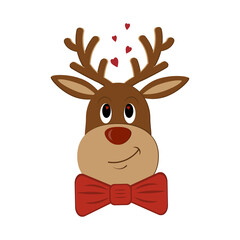 Fancy loving Christmas deer with hearts in eyes and neck red butterfly bow, color isolated vector illustration, clipart, design, decoration, print