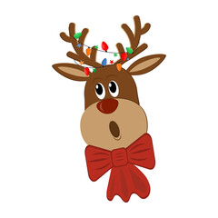 Singing deer with a garland on its head and a bow on its neck, isolated color vector illustration in flat style, clipart, design, decoration, icon, sticker