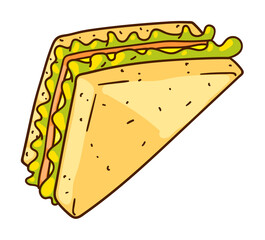 Cartoon sandwich with ham and vegetable isolated on white