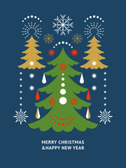 Christmas greeting card, poster. Happy New Year. Merry Christmas. Seasons Greetings.	