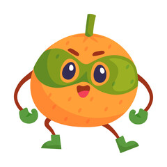 Cute orange fruit comic superhero mascot on white background