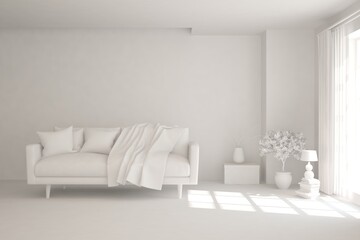 White minimalist living room with sofa. Scandinavian interior design. 3D illustration