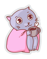 Autumn cat sticker. Cat drinking hot coffee or tea sitting under soft plaid feeing warmth isolated on white background. Vector feline in autumn mood illustration