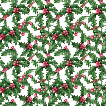 Watercolor Christmas pattern, holly, Poinsettia, berries on white background. Winter seamless pattern