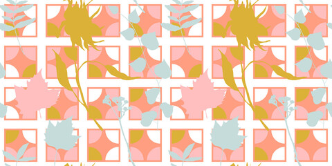 Botanical vector seamless pattern. Hand drawn plants, wildflowers, leaves and herbs on abstract background with simple geometric shapes.