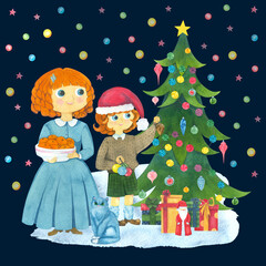 Watercolor card: the family is decorating the tree.