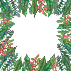 Fototapeta na wymiar Frame from green Christmas plants and berries.