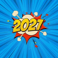 New Year 2021 pop art comic background lightning blast halftone dots.