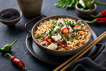 Asian vegetarian food, ramen with tofu and vegetables on dark background, selective focus