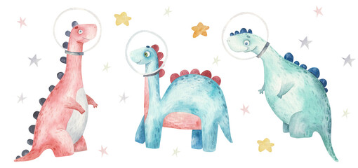 cute dinosaurs in space among the stars, set, childrens illustration in watercolor © Ilona