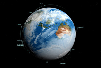 Earth with actual observing spacecrafts and satellites. 5G and telecommunications concept. Elements...