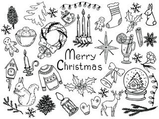 Merry Christmas doodle set. Hand drawing. Vector illustrations.
