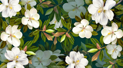 Fototapety  Streszczenie białych kwiatów magnolii na ciemnym szmaragdowym tle. Drukuj do druku wewnętrznego