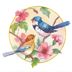 Blue and yellow birds on a flowering branch. Watercolor illustration. - 390336395
