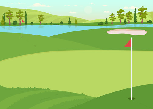 Golf Field Flat Color Vector Illustration. Lawn For Game Competition. Hole For Ball. Place For Physical Activity. Active Lifestyle. Recreational 2D Cartoon Landscape With Daytime Sky On Background