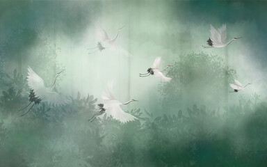 Flight of storks in the misty forest. Interior printing on the wall. - obrazy, fototapety, plakaty