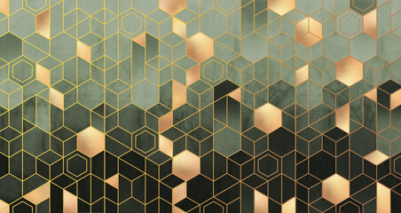 Fototapety  Geometric abstraction of hexagons in green tones on a raised background with gold elements.