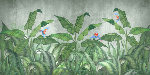 Tropical jungle with flying parrots. Against the background of textured plaster. - obrazy, fototapety, plakaty