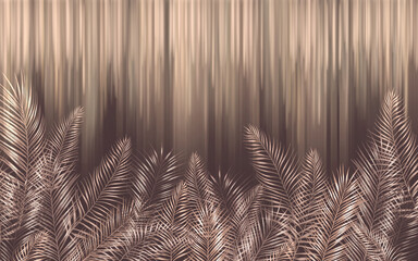 Tropical leaves on a background of geometric lines. Wallpaper for interior printing. - 390336959