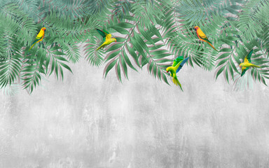 Fototapety  Tropikalne liście na wierzchu z latającymi papugami. Tło to tynk strukturalny.