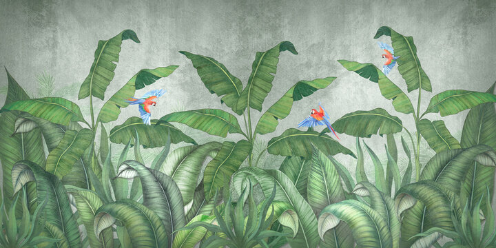 Tropical jungle with flying parrots. Against the background of textured plaster. © Katrine_arty