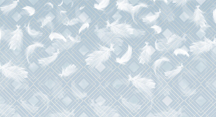 White feathers in flight on a background of geometric abstraction. For interior printing. - 390337151