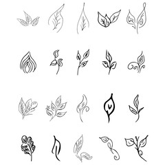 Doodle collection of 20 hand-drawn floral elements. Big collection of 20 hand-drawn leaves. Big floral botanical set isolated on a white background