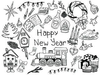 Happy New Year elements doodle set. Hand drawing. Vector Illustrations
