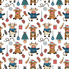 Obraz premium Seamless pattern with cartoon bulls and Christmas elements. Vector illustration with animals in winter clothes, Christmas tree, gifts, lights, mittens, socks. For textiles and decor.