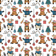 Seamless pattern with cartoon bulls and Christmas elements. Vector illustration with animals in winter clothes, Christmas tree, gifts, lights, mittens, socks. For textiles and decor.