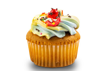 Vanilla cup cake garnished with butter cream frosting and colorful sprinkles isolated on white background with clipping path.